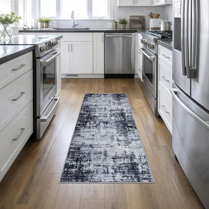 2'x6' Runner Rug Washable Rug: Modern Abstract Soft Thin Runner Rug Dark Black by FXRHLP