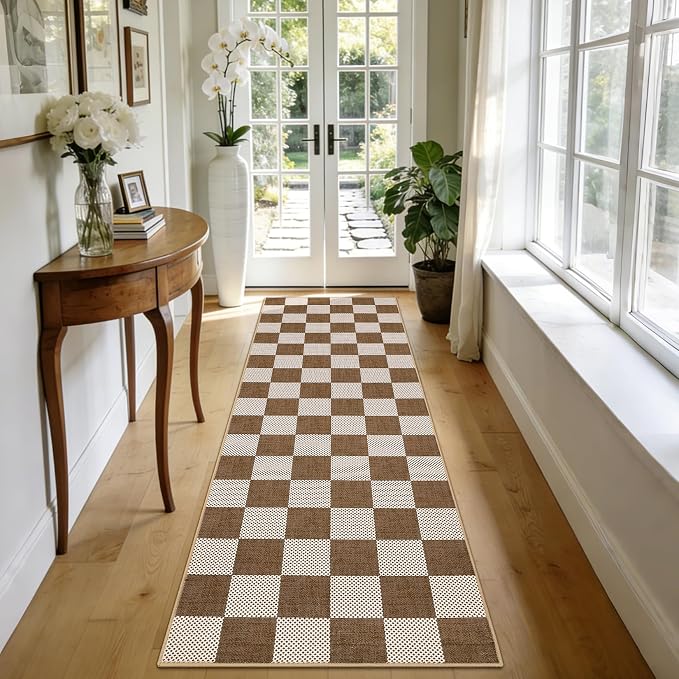 GarveeHome Checkered Terracotta Brown 2x6 Washable Kitchen Runner Rug Geometric - Image 2