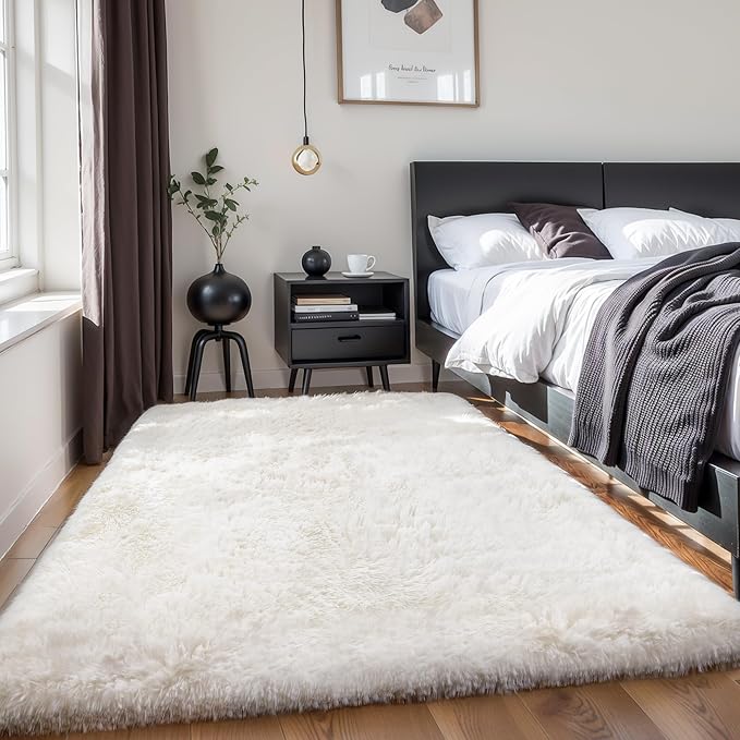 KICHOWUA Thick Area Rug 4x6 Cream White Fluffy Shag by KICHOWUA