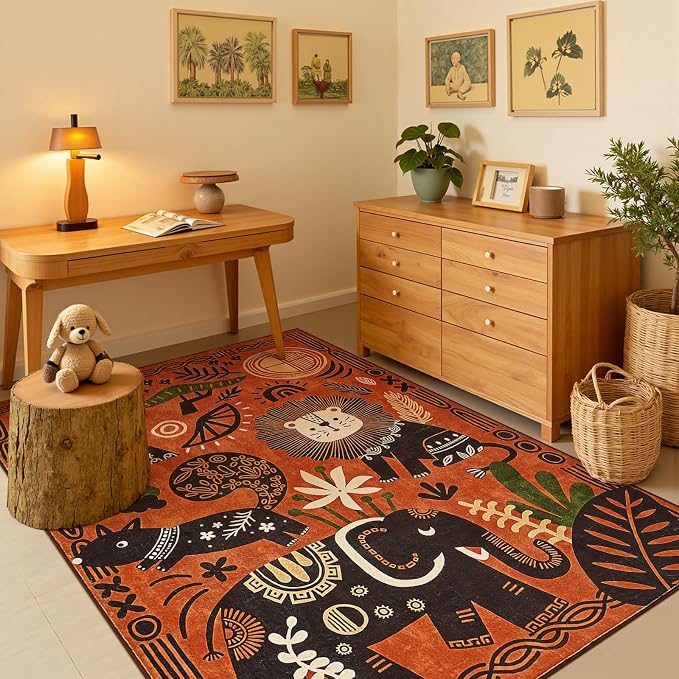 jinchan 5x7 Cute Area Rug Kids Washable Fun Rug Terracotta Boho Jungle Indoor - Image 5