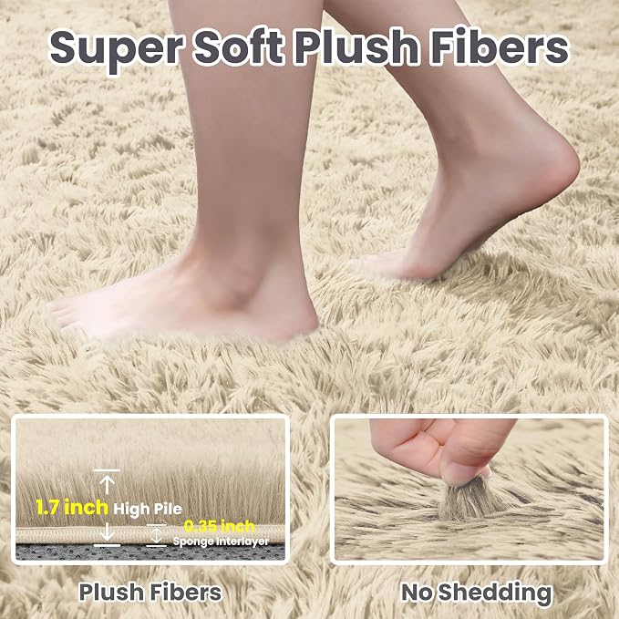 5x8 Area Rugs for Living Room: Soft Fluffy Shag Beige Rugs for Bedroom - Image 5