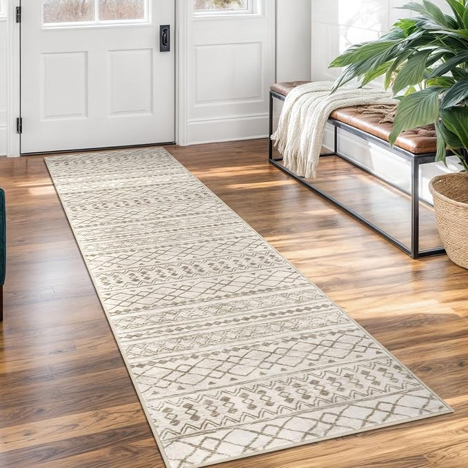 KUTA Boho Runners for Hallways 2x7 Beige Navy Blue Moroccan Washable Runner Rug by KUTA