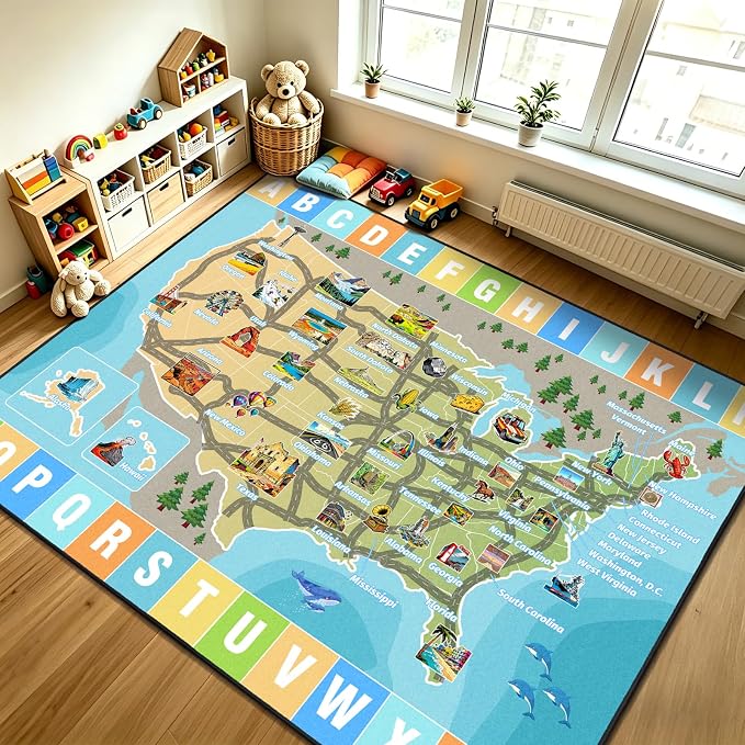 Car Rug Play Mat 4x6 ft, Race Track Map Road Rug - Image 9