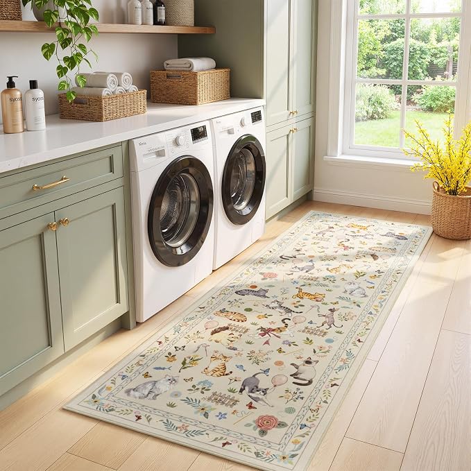 Unirea 2x6 Beige Cat Runner Rug, Washable Non Slip Botanical Rug - Image 9