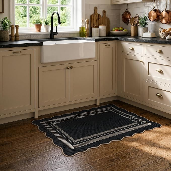 LIVEBOX Scalloped Easy Jute 2x3 Front Door Mat Black Kitchen Rug, Washable - Image 3