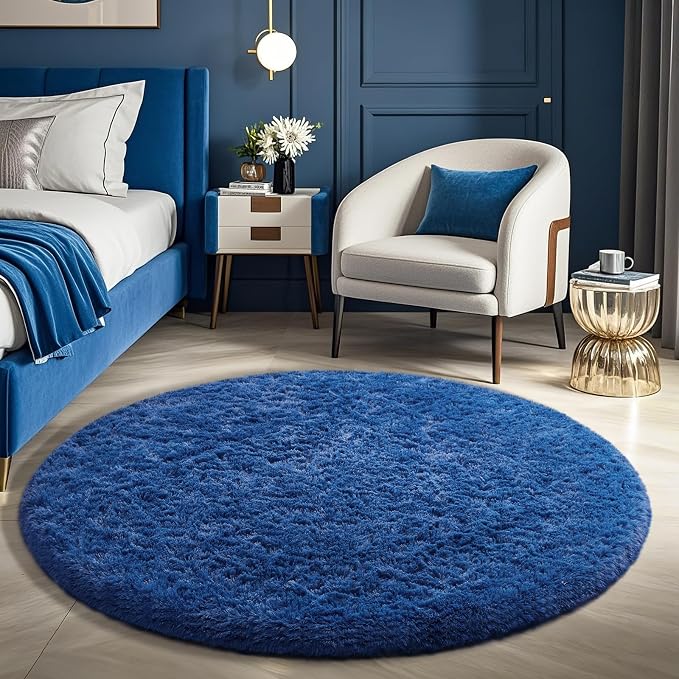 Ophanie Round Rug 5Ft Blue Circle Area Rug, Boys Room Decor, Fluffy Fuzzy by Ophanie