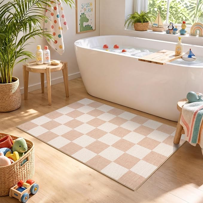 GarveeHome Checkered Blush Beige Neutral Small 2x3 Washable Rug Door Mat - Image 3