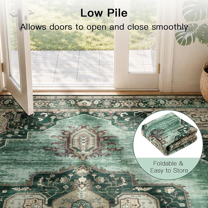 Lofus 8x10 Emerald Green Washable Rugs Non-Slip, Vintage Floral Area Rug - Image 8