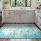 Area Rug 4x6 Teal Blue Rug Washable Boho Rugs Non Slip Low Pile Abstract Small by OmpaaHomeDecor