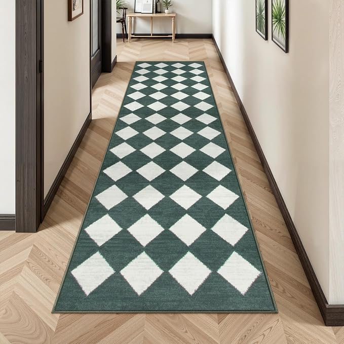 Lahome Zelie Checkered Washable 2x8 Green Runners by Lahome