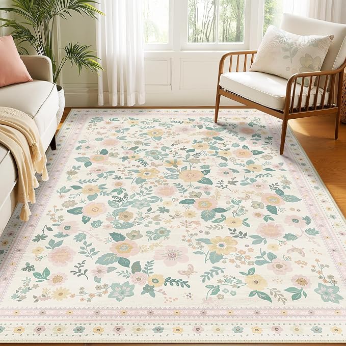 5x7 Area Rugs for Living Room Vacuum-Friendly Machine Washable Area Rug Flower - Image 3