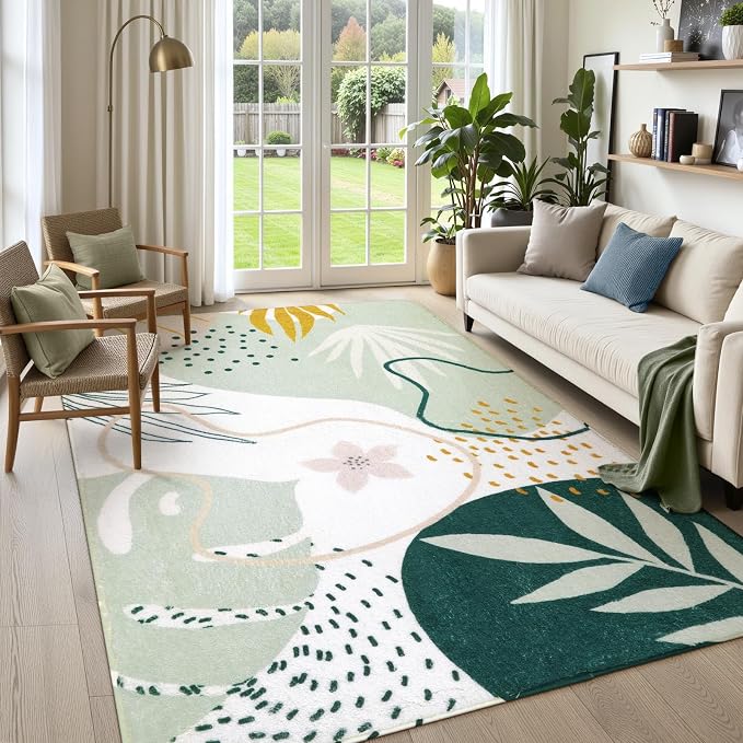 Lahome Green Machine Washable Large Rug by Lahome