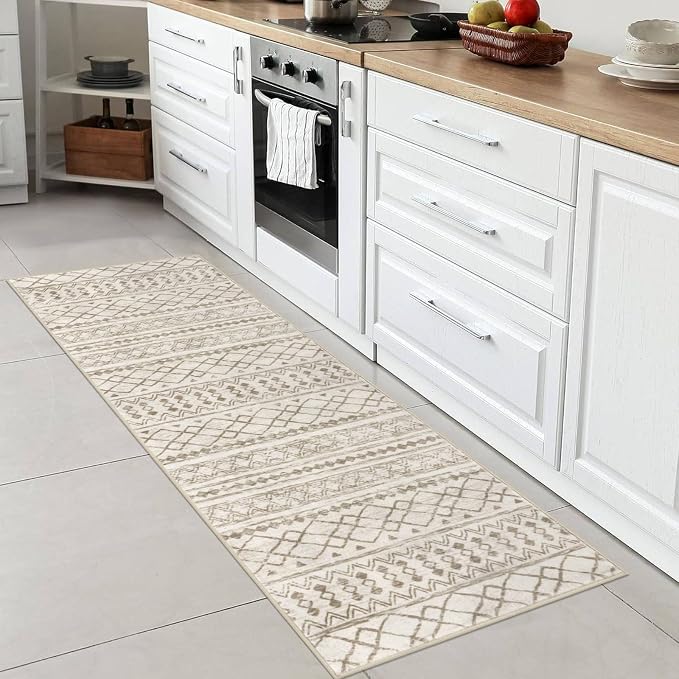 KUTA Moroccan Runner Rug 2x6 Non-Slip Vintage Beige Boho Hallway Kitchen Rugs - Image 3