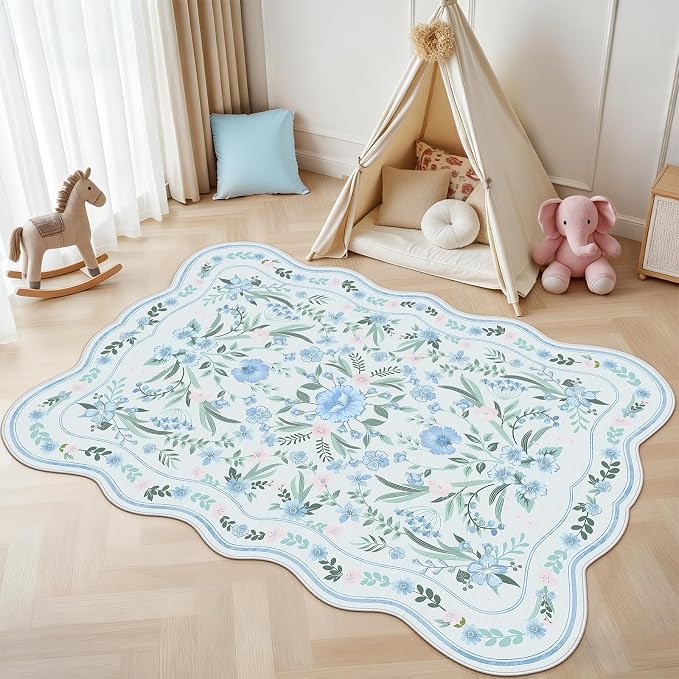 Blue Floral Area Rug 5x7, Washable Scalloped Boho Carpet - Image 3