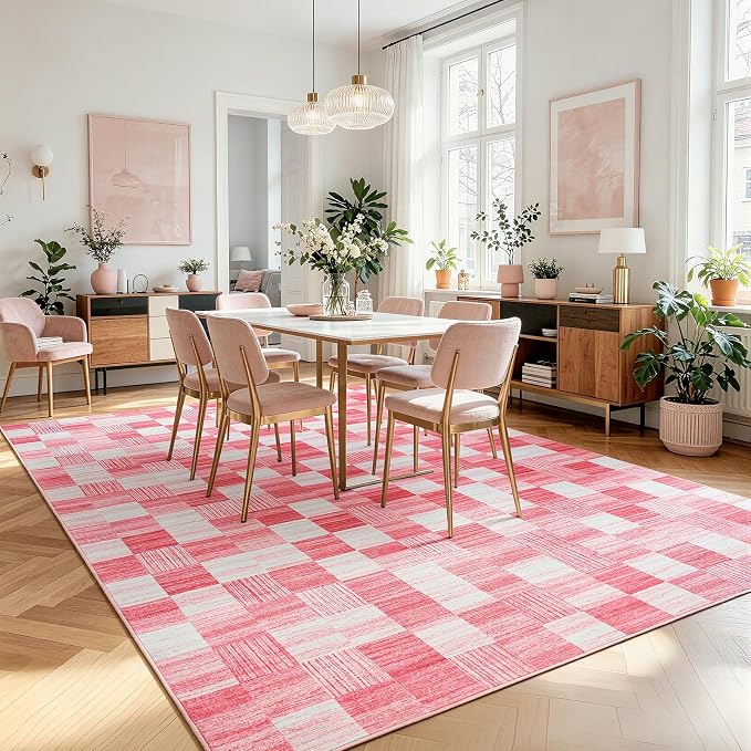 Terrug Pink Checkered Rug for Living Room, 5x7 Area Rugs Washable - Image 2