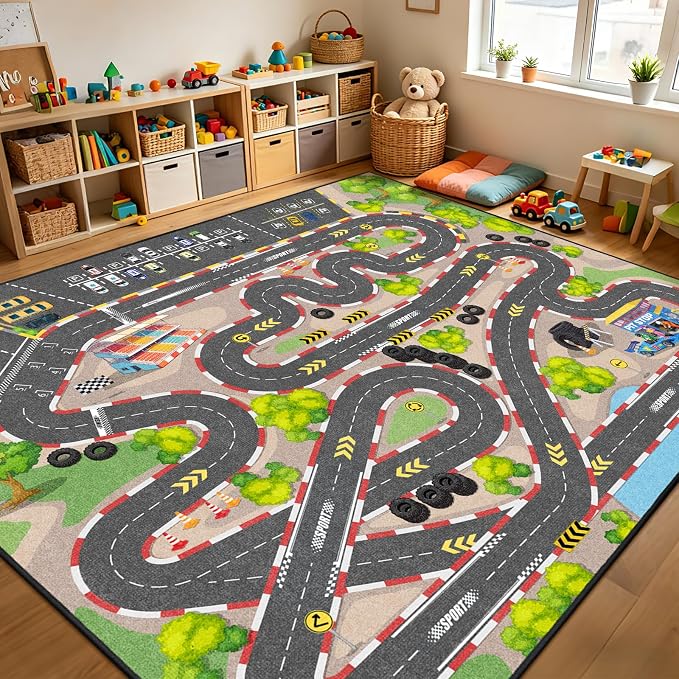 Kids Car Rug Play Mat, 8x10 ft Race Track Road Rug - Image 6