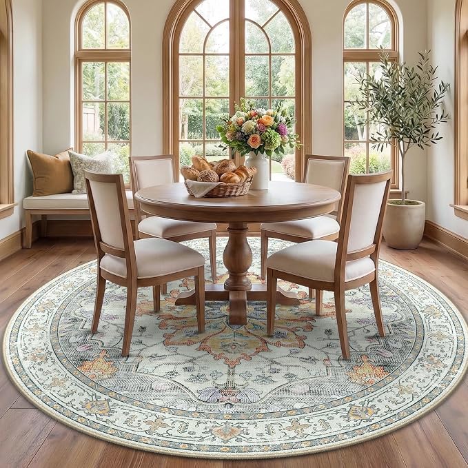 RELEANY Area Rugs Round 7ft Washable Non-Slip, Floral Vintage Distress by RELEANY