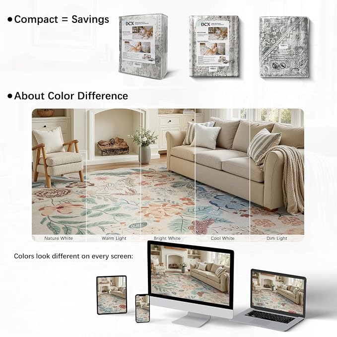DCX Beige Floral Rug 2x6, Washable Beige Rug - Image 7