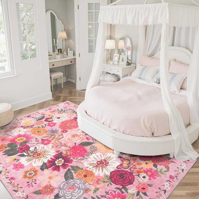 Pink Floral Bedroom Rug 5x7, Non-Slip Washable Area Rug - Image 2