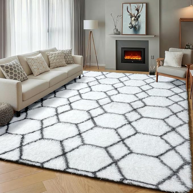 ONASAR 5x7 Area Rugs for Living Room Bedroom, Fluffy White and Grey Throw Rug - Image 5