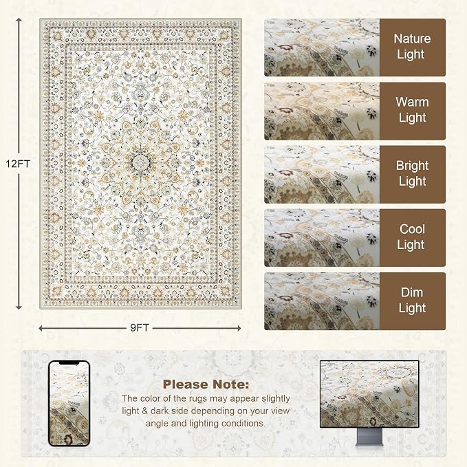 Area Rugs 9x12 Living Room Rug: Washable Rug Soft Vintage Boho Carpet Indoor - Image 2