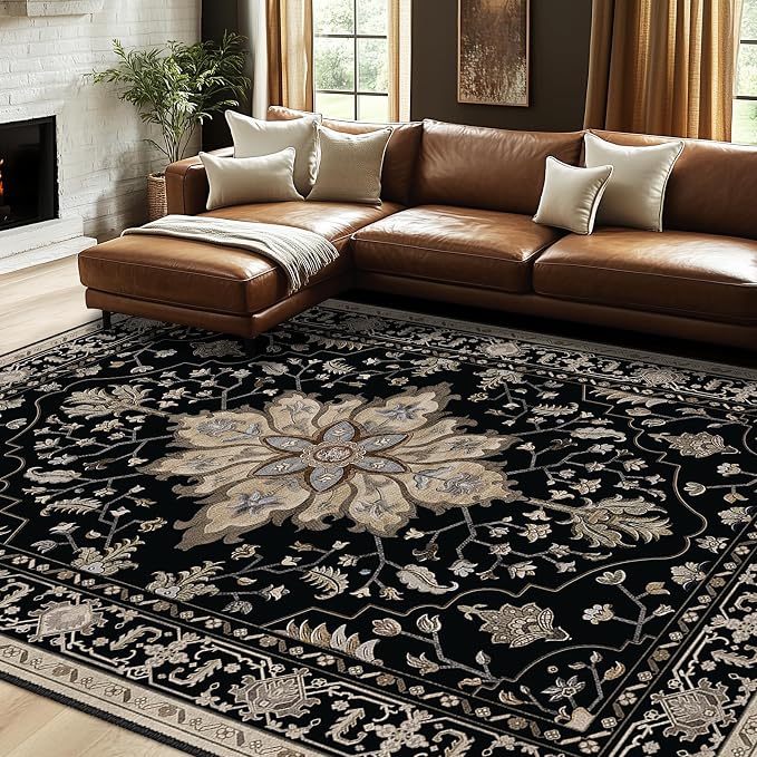RELEANY Area Rugs 7'x10' Washable Non-Slip, Floral Vintage Distress Medallion by RELEANY