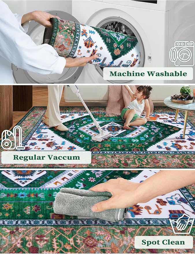 SERISSA Runner Rug for Hallways, Extra Long Boho Rug Ultra Soft Vintage Green - Image 3