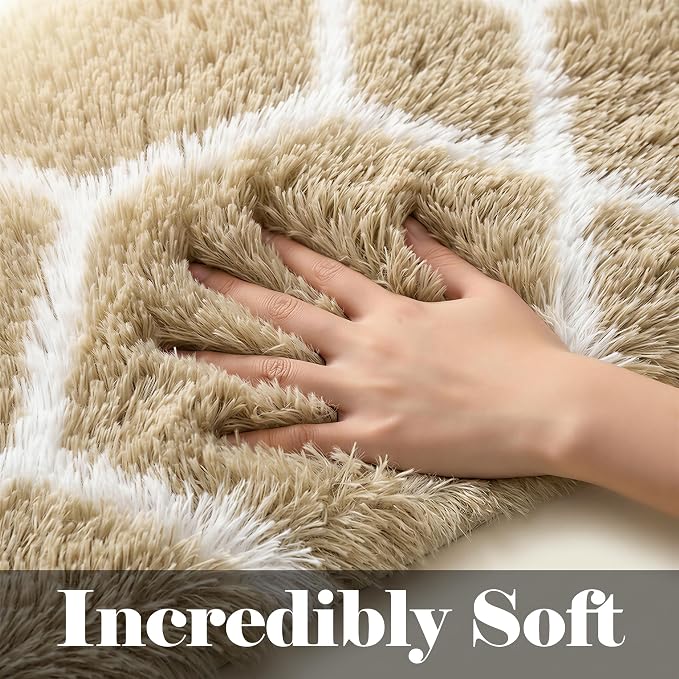 ONASAR 5x7 Area Rugs for Living Room Bedroom, Fluffy Beige and White Shag Rug - Image 2