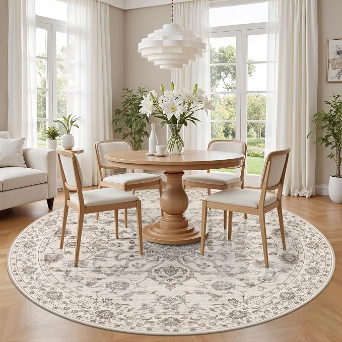 Round Area Rug for Living Room: 8 ft Washable Vintage Boho Soft Thin Circle Rug - Image 3