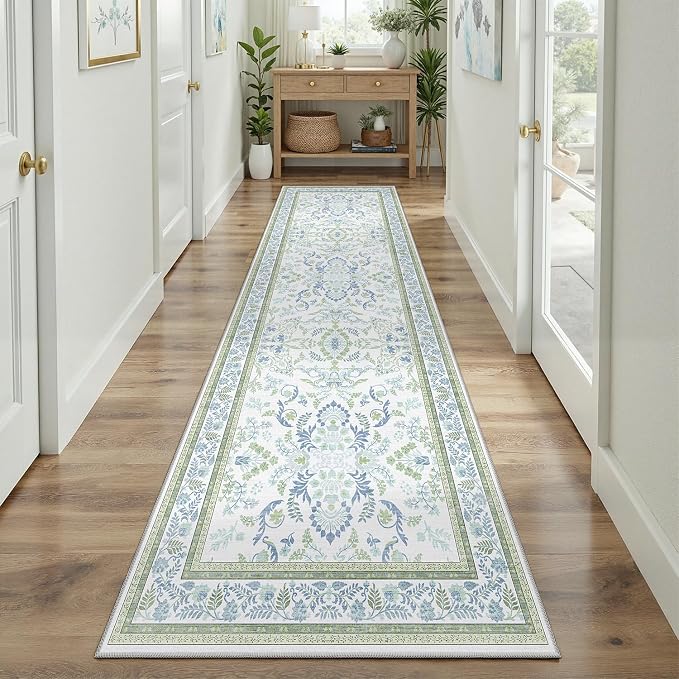 DCX Green and Blue Floral 2x8 Runner Rug, Machine Washable - Image 3