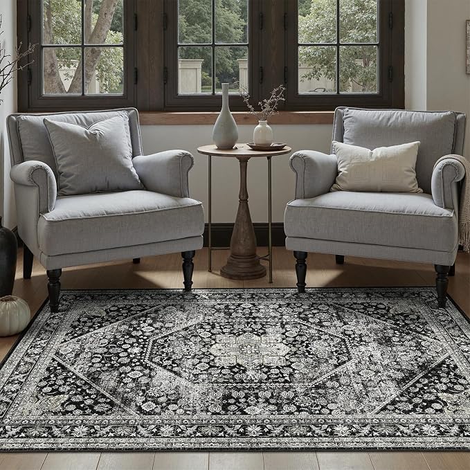 DCX Machine Washable Black Area Rug 4x6, Non Slip Stain Resistant Vintage - Image 2