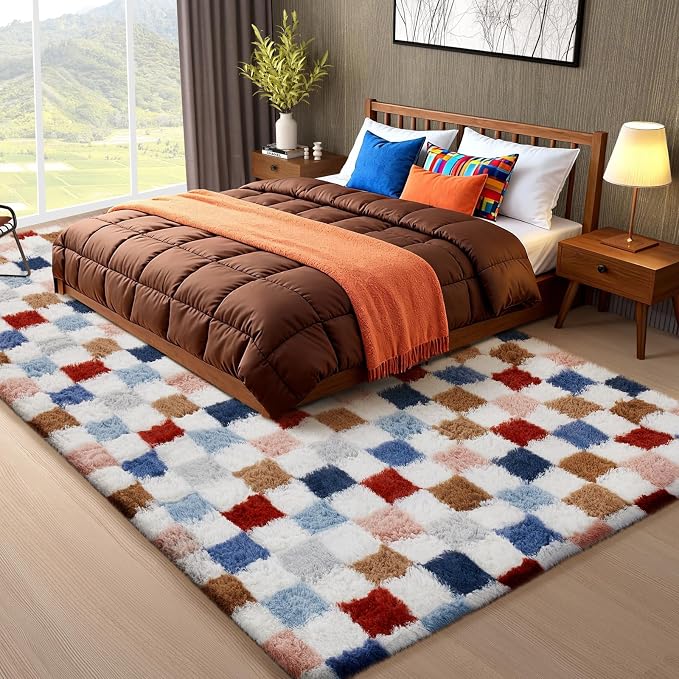 Ophanie Checkered Rainbow Rug for Living Room Bedroom, Colorful Fluffy Soft - Image 5