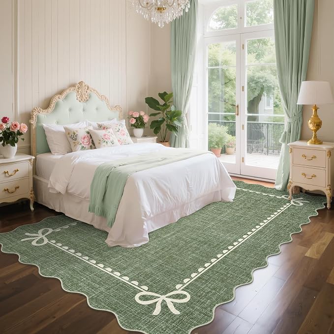 GarveeHome Scalloped Bow Rug for Living Room, Solid Green Rug for Dorm - Image 2