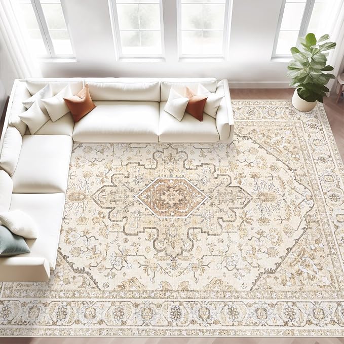 Area Rugs 8x10 Vintage Rug: Large Washable Living Room Rug Retro Medallion by MXSANYOORUG