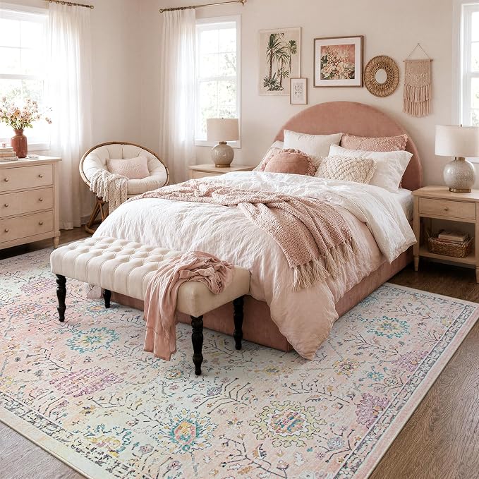 Lahome Pink Boho Area Rug, 8x10 Washable Rugs - Image 7