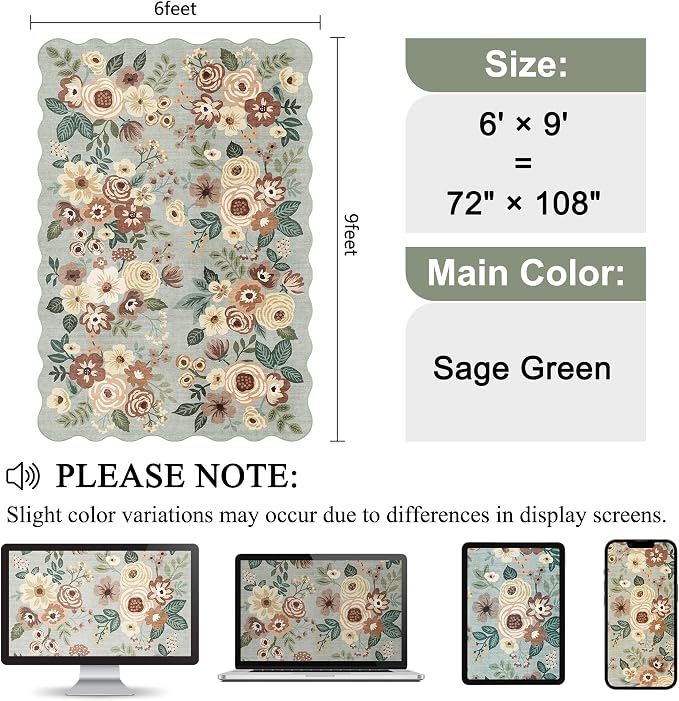 DUKINO 6x9 Area Rug, Floral Washable Rugs - Image 2