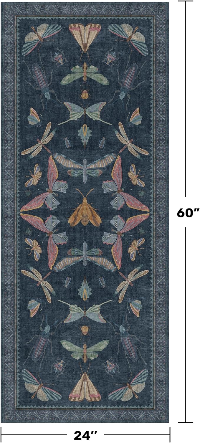 Vintage Navy Blue 2x5 Runner Rug, Washable Insect Carpet - Image 2
