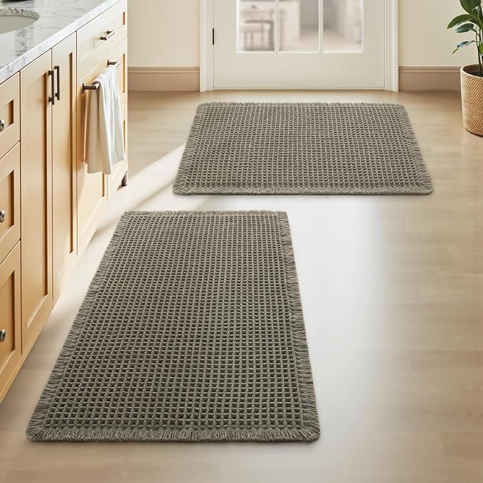 Upgraded Waffle Bath Mats Set of 2, Super Absorbent Non Slip Bath Mats by AMOAMI