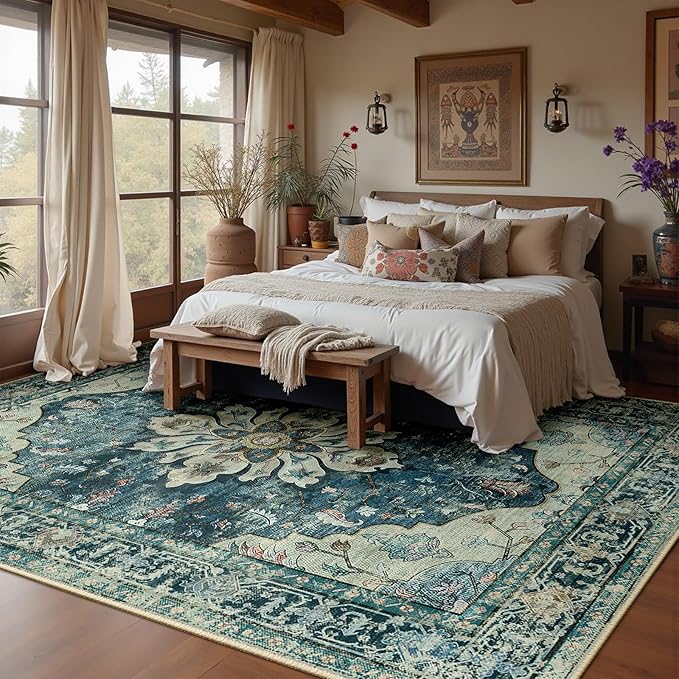 RELEANY Area Rugs Large 9'x12' Washable Non-Slip, Floral Vintage Distress - Image 3