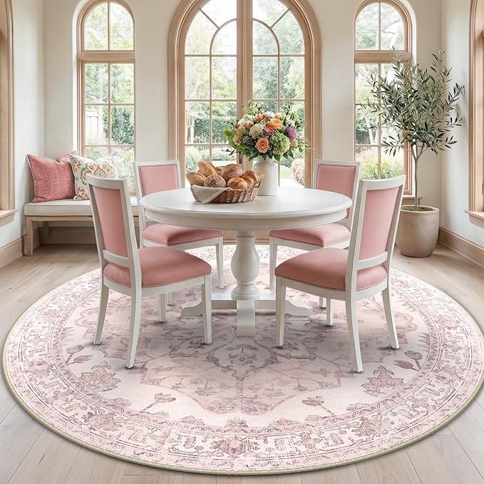RELEANY Area Rugs Round 7ft Washable Non-Slip, Floral Vintage Distress by RELEANY