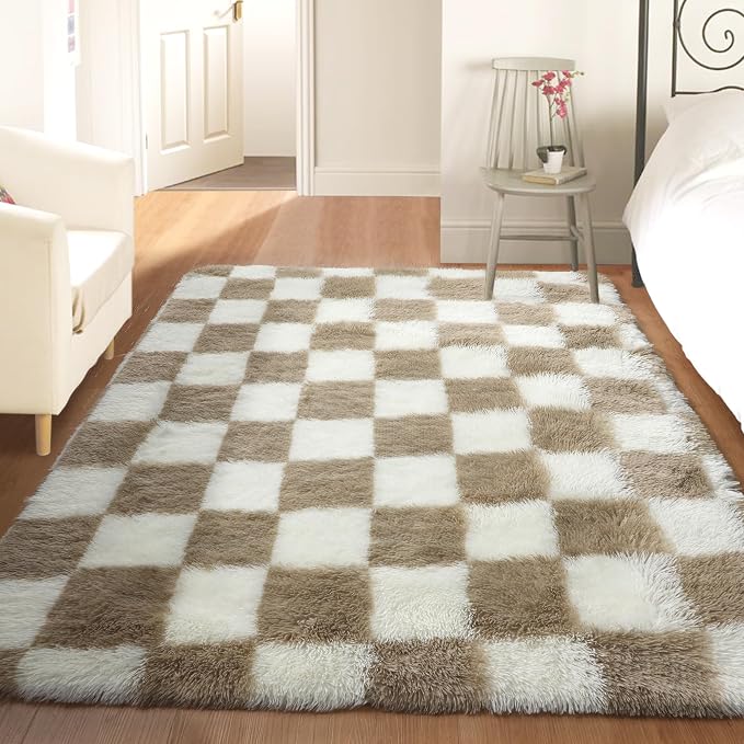 KICMOR 3x5 Rugs for Bedroom Bedside, Soft Fluffy Checkered Shag Area Rug Small - Image 3