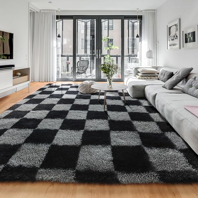 KICMOR 6x9 Area Rugs for Living Room, Large Fluffy Soft Black and Grey by KICMOR