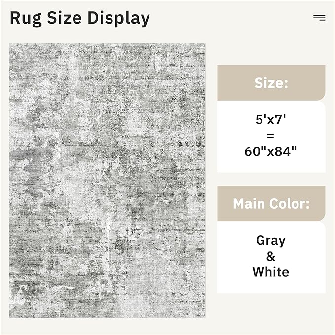 Soalmost Abstract Rug 5x7 Machine Washable Area Indoor Grey White Low Pile - Image 5
