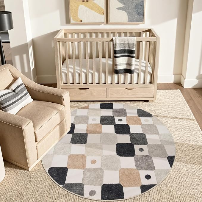 jinchan Macy 4ft Round Rug for Kids Room Black and White Modern Colorful by JINCHAN
