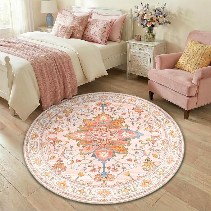 RELEANY Area Rugs Round 4ft Washable Non-Slip, Floral Vintage Distress by RELEANY