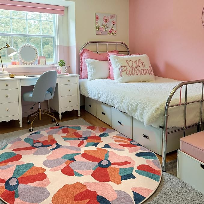 jinchan 5ft Floral Round Rug Washable Living Room Rug Colorful Bloom Round Mat - Image 3