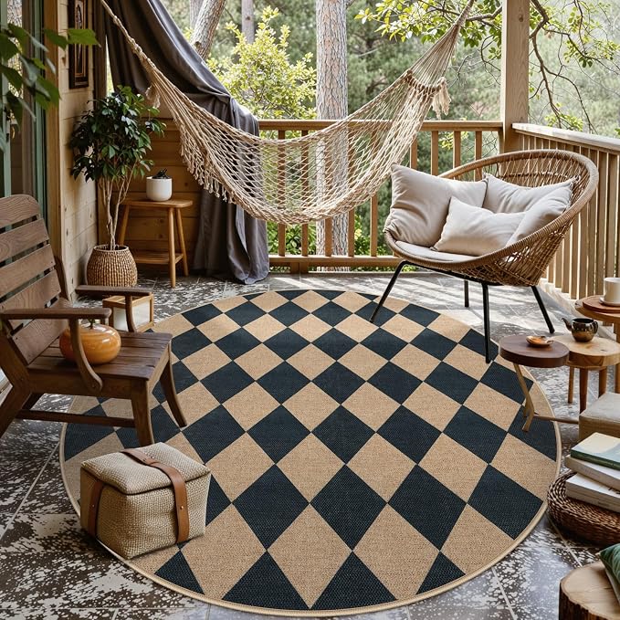 Lahome Colette Checkered Round Rugs 6ft, Washable Easy Jute Circle Patio Rug - Image 8