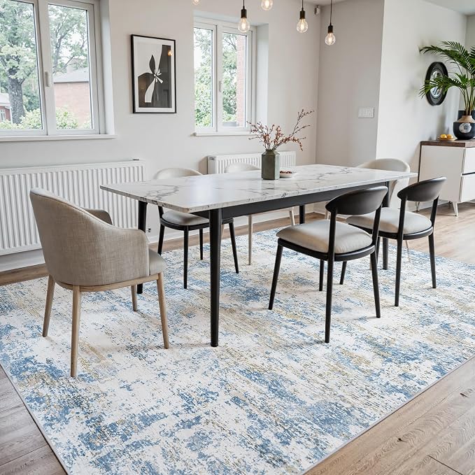 Area Rug 8x10 Living Room Rug Washable: No-Slip Abstract Soft Thin Large Blue - Image 5