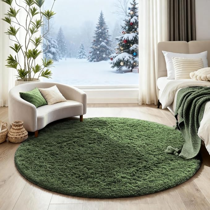 Ophanie Round Rug 4Ft Grey Green Circle Area Rug, Fluffy Fuzzy Bedroom Carpet - Image 5