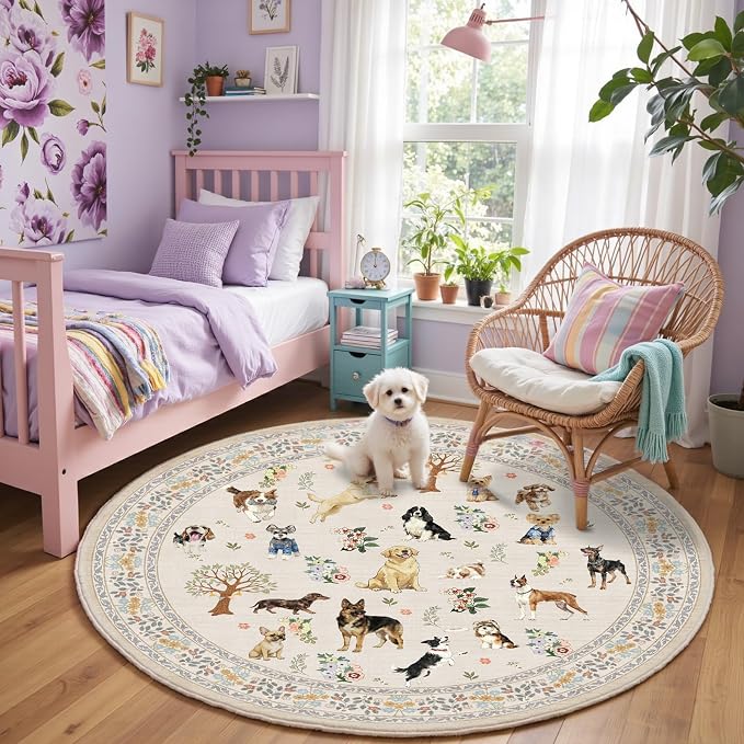 Beige 4Ft Round Area Rugs for Bedroom, Non-Slip Stain Resistant Round Kitchen - Image 2